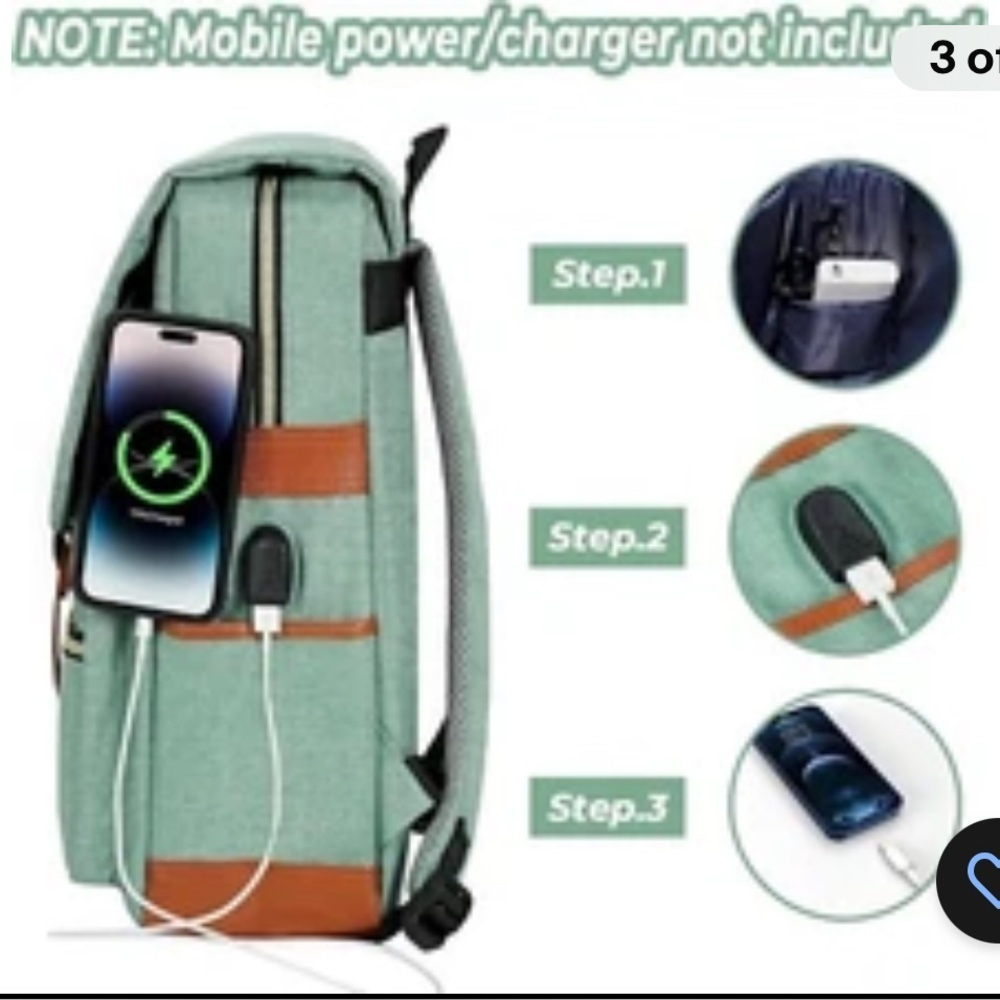 NEW Ronyes Vintage Laptop Backpack w/ USB Charging Port – Mint Green - Picture 3 of 8